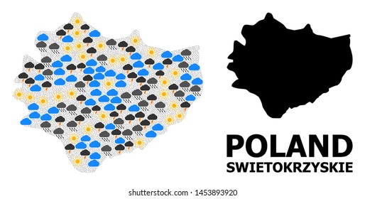 Climate pattern vector map of Swietokrzyskie Province. Geographic mosaic map of Swietokrzyskie Province is done from randomized rain, cloud, sun, thunderstorm items.