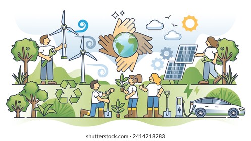 Climate policy and protection with eco practices outline concept. Sustainable and environmental awareness with alternative energy, forestation and renewable resources consumption vector illustration.