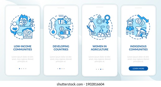 Climate poverty risk groups onboarding mobile app page screen with concepts. Indigenous Communities walkthrough 4 steps graphic instructions. UI vector template with RGB color illustrations
