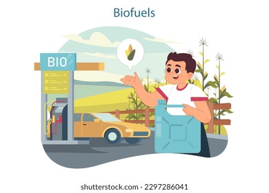 La preservación del clima y la sostenibilidad. Los niños aprenden sobre la protección del medio ambiente y la responsabilidad social. Niño aprendiendo sobre biocombustibles. Ilustración vectorial plana
