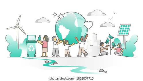 Climate protection with sustainable nature friendly lifestyle outline concept. Renewable resource consumption, alternative solar or wind energy and forestation as responsible life vector illustration.