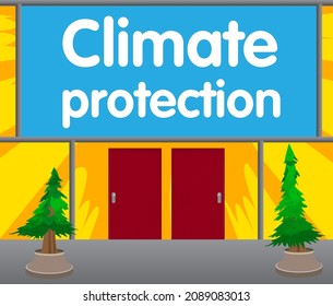 Texto de protección del clima con fondo de puerta delantera. Bar, cafetería o establecimiento de bebidas frente con póster.