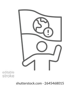 Climate Protest Icon. Environmental Activist Outline. Editable Stroke Person with Planet Sign. Global Warming Awareness Symbol. Urgent Ecology Message.