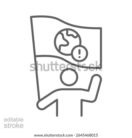 Climate Protest Icon. Environmental Activist Outline. Editable Stroke Person with Planet Sign. Global Warming Awareness Symbol. Urgent Ecology Message.