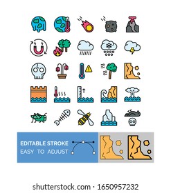 climate related clouds, grasshopper, thermometer, global warming, water waves, forest fire, skeleton, honey bee, fish bone, dead bird and mountains vector with editable stroke