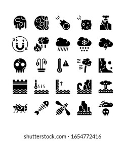 climate related clouds, grasshopper, thermometer, global warming, water waves, forest fire, skeleton, honey bee, fish bone, dead bird and mountains vector in solid design