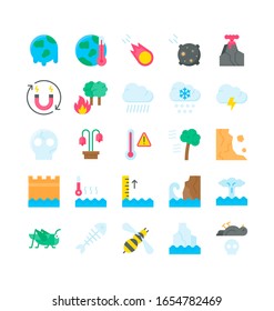 climate related clouds, grasshopper, thermometer, global warming, water waves, forest fire, skeleton, honey bee, fish bone, dead bird and mountains vector in flat style