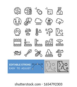 climate related clouds, grasshopper, thermometer, global warming, water waves, forest fire, skeleton, honey bee, fish bone, dead bird and mountains vector in lineal style