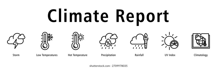 Climate Report Webbanner-Vektorgrafik mit Symbolen für Sturm, niedrige Temperaturen, heiße Temperatur, Niederschlag, Niederschlag, UV-Index und Klimatologie.