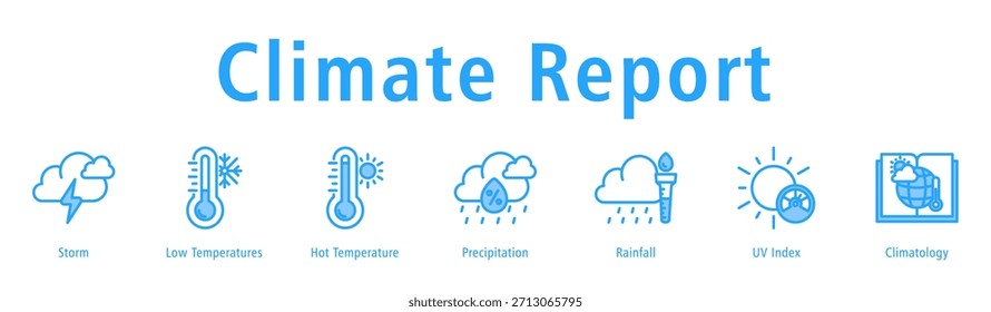 Climate Report Webbanner-Vektorgrafik mit Symbolen für Sturm, niedrige Temperaturen, heiße Temperatur, Niederschlag, Niederschlag, UV-Index und Klimatologie.