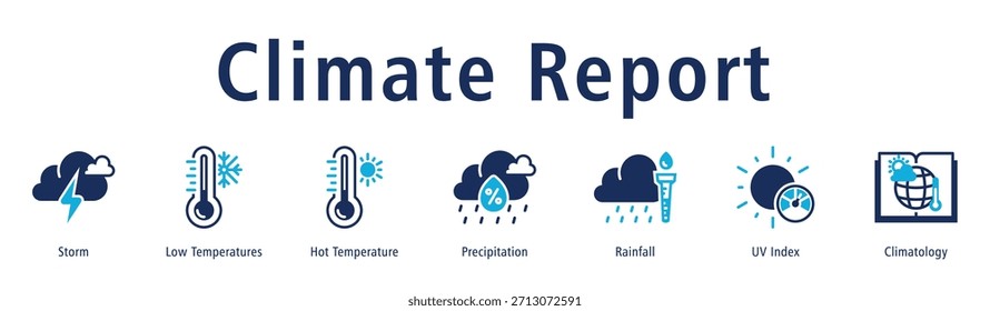 Climate Report Webbanner-Vektorgrafik mit Symbolen für Sturm, niedrige Temperaturen, heiße Temperatur, Niederschlag, Niederschlag, UV-Index und Klimatologie.