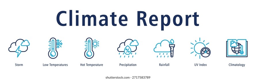 Climate Report Webbanner-Vektorgrafik mit Symbolen für Sturm, niedrige Temperaturen, heiße Temperatur, Niederschlag, Niederschlag, UV-Index und Klimatologie.