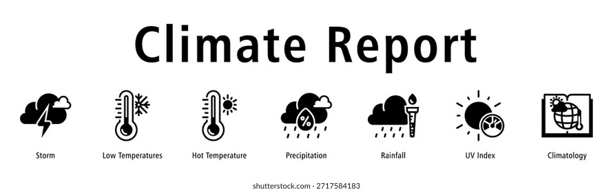 Climate Report Webbanner-Vektorgrafik mit Symbolen für Sturm, niedrige Temperaturen, heiße Temperatur, Niederschlag, Niederschlag, UV-Index und Klimatologie.