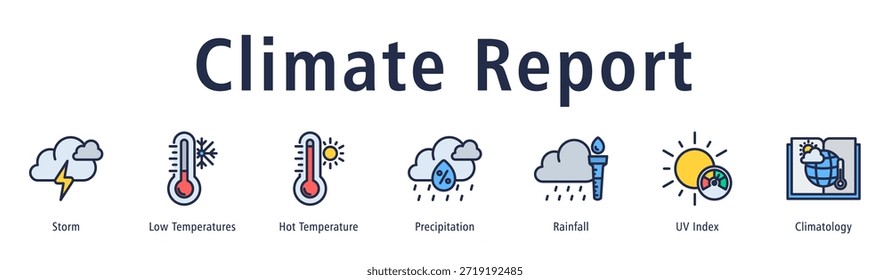 Climate Report Webbanner-Vektorgrafik mit Symbolen für Sturm, niedrige Temperaturen, heiße Temperatur, Niederschlag, Niederschlag, UV-Index und Klimatologie.