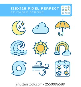 Climate RGB color icons set. Weather forecast. Overcast, wind and rain symbols. Clear sky at day and night. Isolated vector illustrations. Simple filled line drawings collection. Editable stroke