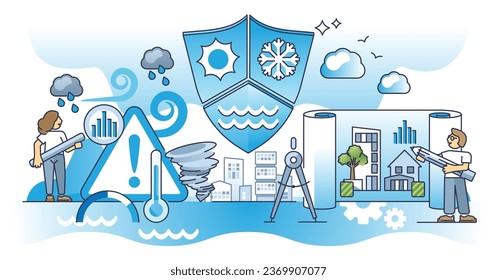 Climate risk management and warning calculations for society safety outline concept. Scientific future forecasting with weather disasters, water level rising and destructive heat vector illustration.