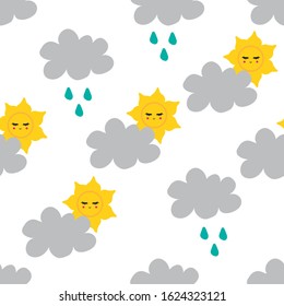 Climate seamless pattern with sun and clouds. Vector background for print.