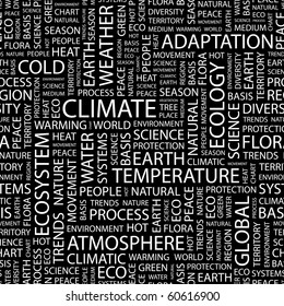 CLIMATE. Seamless vector pattern with word cloud. Illustration with different association terms.