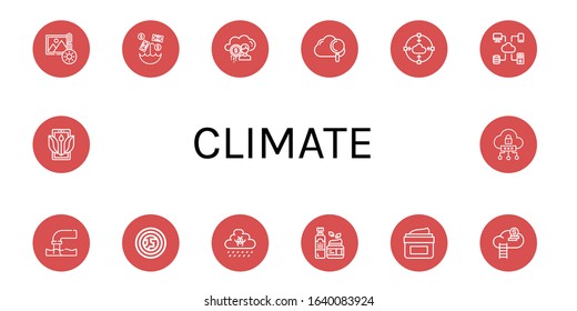 climate simple icons set. Contains such icons as Brightness, Umbrella, Cloud, Pollution, Atmosphere, Rain, Moisturizer, Moisturizing, Ecology, can be used for web, mobile and logo