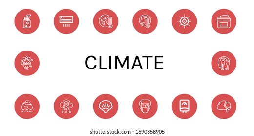 climate simple icons set. Contains such icons as Cold water, Air conditioning, Global warming, Sun, Moisturizing, Warming, Cloud, Ocean, Pollution, can be used for web, mobile and logo