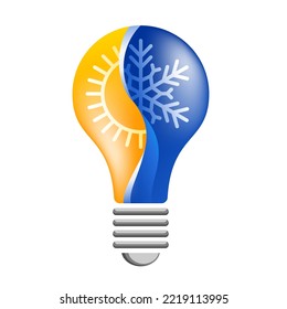 Climate solutions - lightbulb with half sun half snowflake. Ideas for prevention and control of climate change - reducing emissions etc.