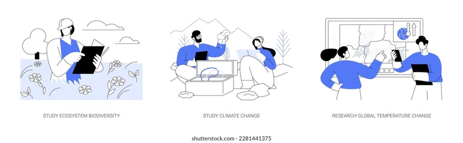 Climate studies abstract concept vector illustration set. Study ecosystem biodiversity and climate change, research global temperature change, ecosystem research, earth science abstract metaphor.