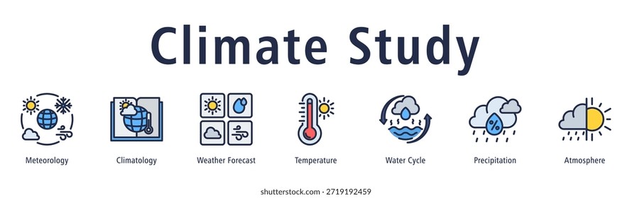 Ilustração do vetor do ícone do banner da web do estudo do clima com ícones da meteorologia, climatologia, previsão do tempo, temperatura, ciclo da água, precipitação e atmosfera.