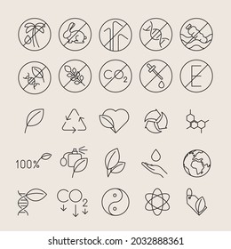 Climate and sustainable icon set. Emission reduction, no palm oil, recycling, organic, plastic free, genetic modification, eco friendly. Line design, editable strokes. Vector illustration, EPS 10