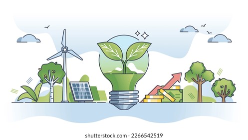 Inicio de la tecnología climática con concepto de esquema de ideas de innovación amigable con la naturaleza. Nueva invención de la energía eléctrica con el uso sostenible y ambiental de los recursos, ilustración vectorial. Inversión ecológica verde