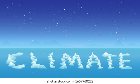 "CLIMATE" text icebergs on scenic arctic sea background with blue sky and stars. Concept of climate change, melting. EPS 10.