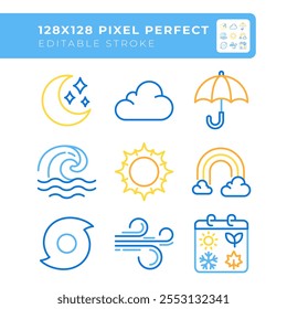 Climate two color line icons set. Weather forecast. Overcast, wind and rain symbols. Clear sky at day and night bicolor outline iconset isolated. Duotone pictograms thin linear. Editable stroke