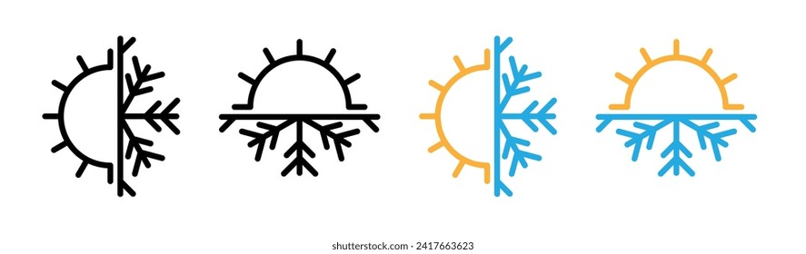 Climate Variation line icon. Sun and Chilled Snowflake icon in black and white color.