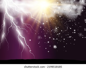 Climate vector drawing of the sun and lightning shining through the clouds.	