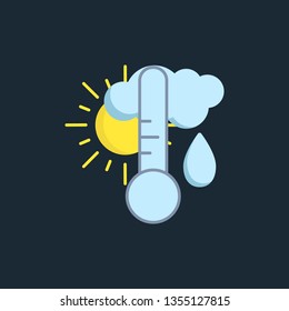 Climate vector illustration of the sun, thermometer, cloud and rain. Modern flat forecast icon of a day rainy weather. Meteorological symbol isolated on dark background.