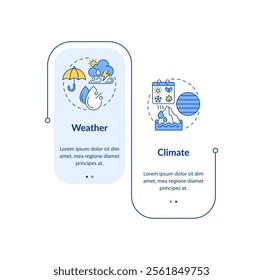 Climate vs weather rectangle infographic vector. Long and short term atmospheric phenomena patterns. Data visualization with 2 steps. Editable rectangular options chart