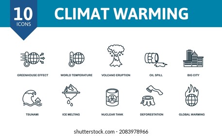 Climate Warming icon set. Collection of simple elements such as the sapling, natural oxygen, greenhouse effect, world temperature, oil spill, tsunami, nuclear tank.