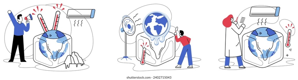 Klimaerwärmung, Vektorgrafik. Die ökosystemische Melodie bricht ab, als unaufhörliche Umweltschäden durch Trommeln lauter werden, die Kohlendioxidemissionen in die Atmosphäre gießen und die Färbung der Reinheit