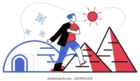 Ilustración vectorial del calentamiento climático. El planeta de aliento metafórico quiebra bajo peso calentamiento climático y contaminación La armonía de los ecosistemas se ve alterada por notas discordantes sobre el cambio climático