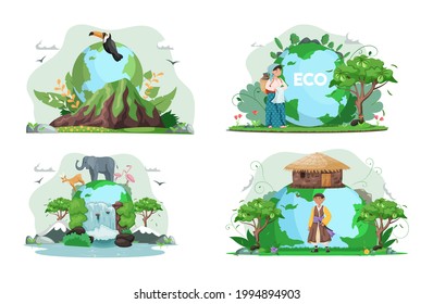 Climate and weather change of planet. Eco friendly, biodiversity, conservation and environmental protection concept. Flora and fauna on Earth. Green ecosystem of Earth. Care of nature and ecology