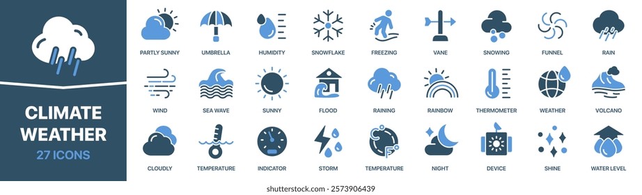 Climate and weather colored signed icon collection. Snow, rain, sunny, cloud, storm icons. UI icon set. Colored icons pack. Vector illustration EPS10