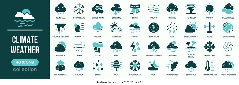 Climate and weather fill icon collection. Includes weather conditions, forecasts, and climate symbols. Created in colored style with turquoise palette