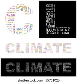 CLIMATE. Word collage. Illustration with different association terms.