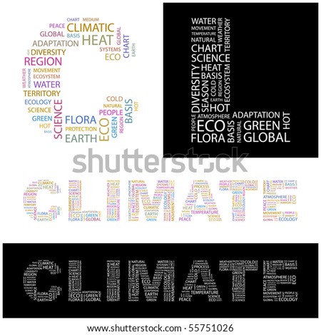 CLIMATE. Word collage. Illustration with different association terms.
