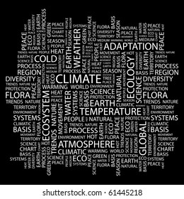 CLIMATE. Word collage on black background. Illustration with different association terms.