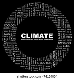 CLIMATE. Word collage on black background. Vector illustration. Illustration with different association terms.