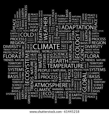 CLIMATE. Word collage on black background. Illustration with different association terms.