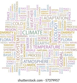 CLIMATE. Word collage on white background. Illustration with different association terms.