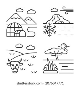 Lineare Symbole der Klimazonen gesetzt. Süd- und nördliche Regionen. Temperate klimatische Bedingungen. Anpassbare Dünnlinienkontursymbole. Einzige Vektorgrafik-Rahmenillustrationen. Bearbeitbarer Hub