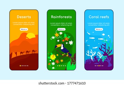 Climate zones onboarding mobile app screen flat vector template. Arabian desert. Amazon rainforest. Walkthrough website steps with characters. UX, UI, GUI smartphone cartoon interface, case prints set