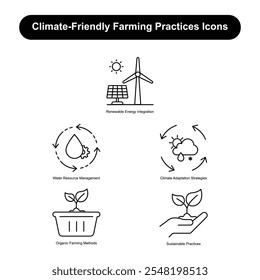 Ícones De Práticas Agrícolas Favoráveis Ao Clima", Gestão De Recursos Hídricos, Estratégias De Adaptação Climática, Métodos De Agricultura Biológica, Integração De Energias Renováveis, Práticas Sustentáveis